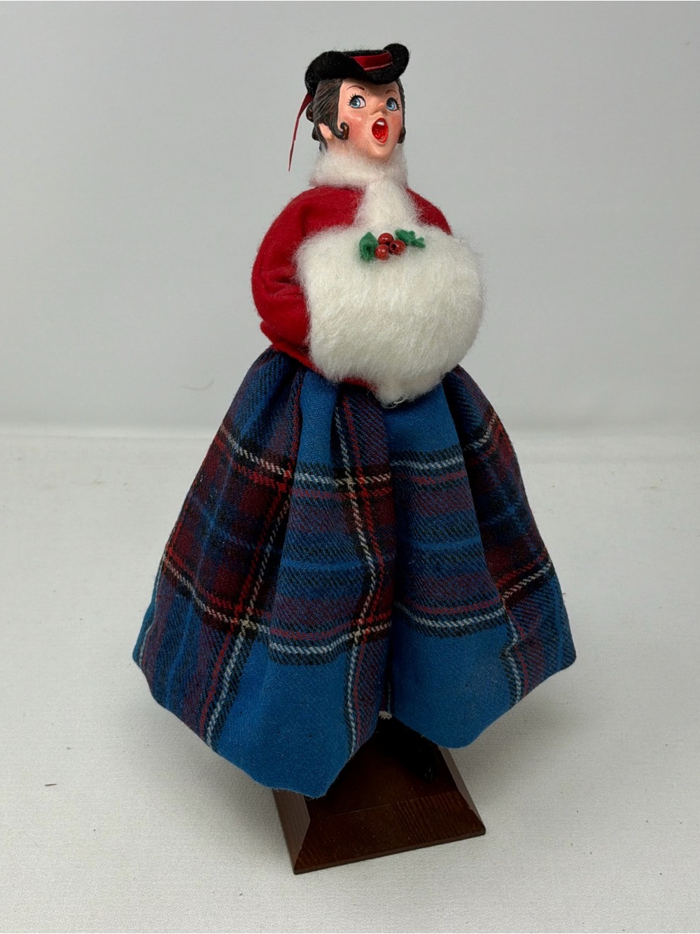 Vintage Handmade SIMPICH Doll Woman With Muff Brunette Hair Blue Plaid Skirt 12"